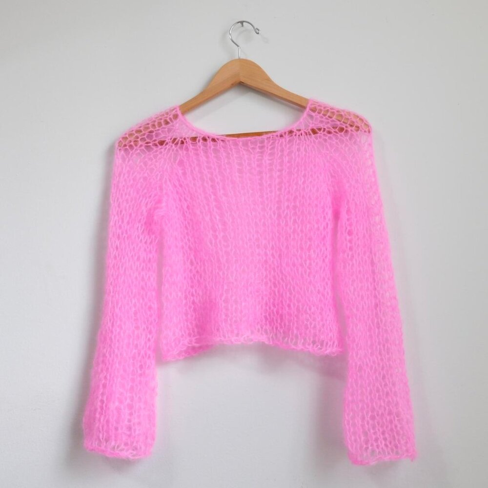 Handmade neon pink mohair open knit mesh sweater Size S